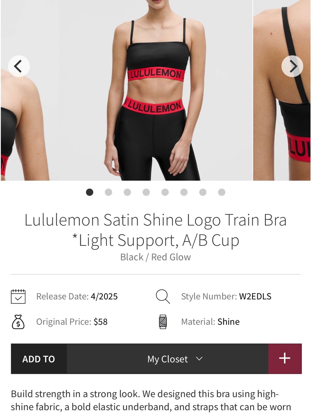 lululemon Satin Shine Logo Train Bra *Light Support A/B Cup XL in Black/Red Glow